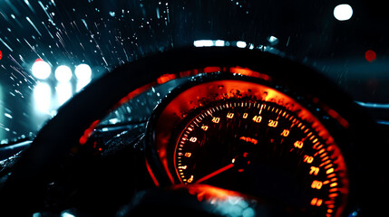 Car Speedometer at Night in the Rain.