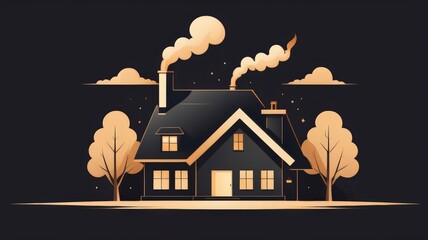 Chimney house symbol in gold on matte black, representing safety and comfort