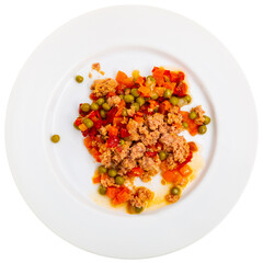 Delicious tuna salad with green peas, bell peppers and tomatoes. Mediterranean cuisine. Isolated over white background