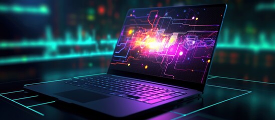 A futuristic laptop with a glowing, abstract digital design on its screen.