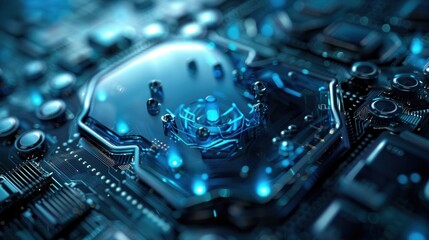 A close-up shot of a futuristic, glowing, blue circuit board with a central processor.