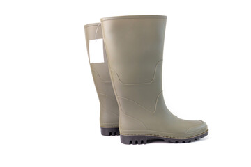 a pair of olive green rubber boots. simple design with some subtle curved lines as decoration and a rugged sole for traction. for marketing or product listing purposes