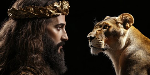 Divine encounter lord jesus christ meets a majestic lion studio portrait dark background symbolism of power