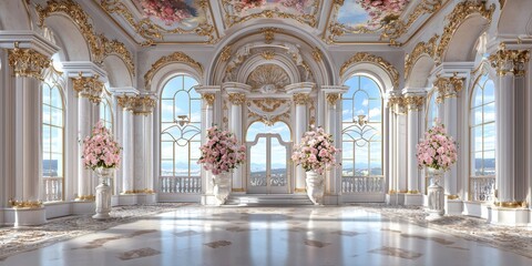 Elegant event space luxury palace hall interior with big windows and floral arrangements grand architecture bright natural light