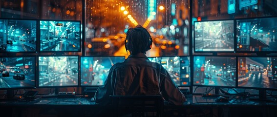 security guard monitoring CCTV footage in control room with advanced surveillance system and live camera feeds for secure protection and data recording