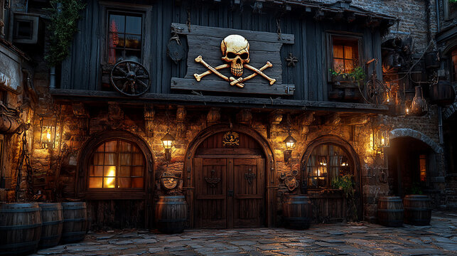 pirate, hideout, bar, entrance, exterior, cool, suspicious, atmosphere, friends, gathering, meal, Restaurant, Illustration, Art, Cartoon, Watercolor, Night, Street, City, Lights, Architecture, door, 