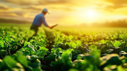 A farmer working in a field at sunset.