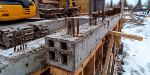 Construction progress of monolithic reinforced concrete foundation urban building site photography winter environment close-up view structural engineering concept