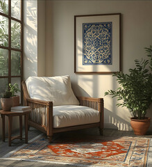 A framed beige poster with a blue and green Moroccan tile design on the wall mockup in a boho living room interior with a wooden armchair and a potted plant by a side t
