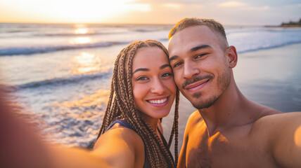 Fototapeta premium A joyful Black woman and Hispanic man take a selfie at sunset on the beach, capturing their love and the serene ocean waves in the background.
