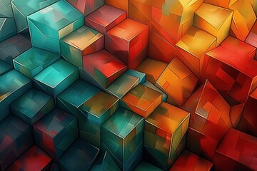 Colorful Abstract Geometric Pattern with Shiny Blocks in Red, Green, Blue, Orange, Yellow - Modern...