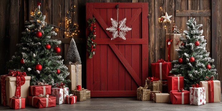 Festive christmas celebration with red vintage rustic barn door backdrop indoor photography cozy winter wonderland setting