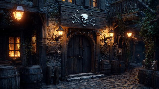pirate, hideout, bar, entrance, exterior, cool, suspicious, atmosphere, friends, gathering, meal, Restaurant, Illustration, Art, Cartoon, Watercolor, Night, Street, City, Lights, Architecture, door, 