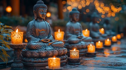 Statue of Buddha with candles and offerings, tranquil setting, soft lighting