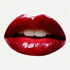 Obraz premium close-up of a pair of sensual, glossy red lips. The lips are prominently featured, taking up the majority of the frame, with the teeth visible in the center. The lighting and focus draw attention to t
