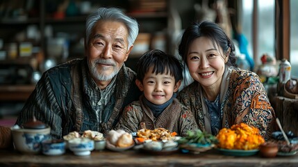 Fototapeta premium Chinese family celebrating DÅngzhÃ¬ with traditional food and close family ties