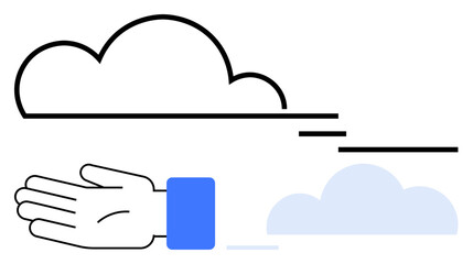 Hand extending towards black outlined cloud with blue-cuffed sleeve. Smaller blue cloud below. Ideal for creativity, ambition, success, goals, motivation, imagination perseverance. Line metaphor