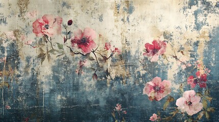 A textured wallpaper with distressed floral patterns, incorporating splatters, scratches, and faded colors for a grunge aesthetic 
