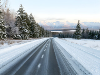 Fototapeta premium A snow-covered road stretches through a tranquil winter landscape, framed by trees and leading towards distant mountains under soft morning light. Snow-covered road leading to distant mountains