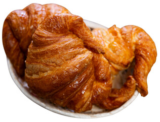 Fresh tasty croissants - pastries for a delicious breakfast. Isolated over white background