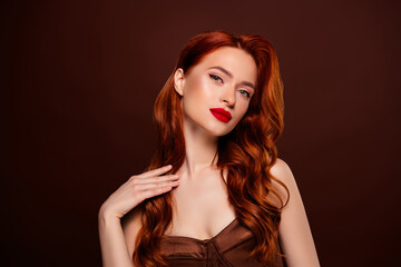 Photo of rich classy fancy chic lady perfect holiday make up isolated on brown color background