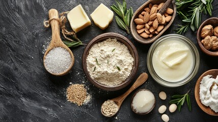 Assorted Cooking Ingredients on Dark Rustic Background