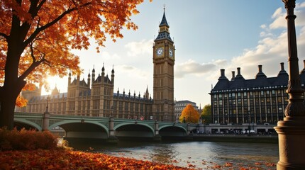 Colorful Autumn Leaves Frame the Iconic Big Ben Clock Tower in Westminster, London During Sunset....