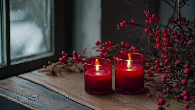 Red Christmas Candle By a Window with Snow Falling. Holiday Loop