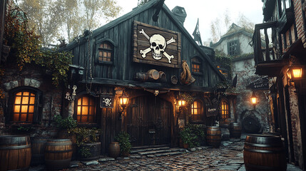 pirate, hideout, bar, entrance, exterior, cool, suspicious, atmosphere, friends, gathering, meal, Restaurant, Illustration, Art, Cartoon, Watercolor, Night, Street, City, Lights, Architecture, door, 