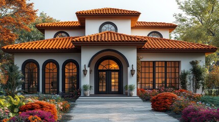 Fototapeta premium Mediterranean-style house with stucco walls, terracotta roof tiles, and arched windows, placed on a white background.