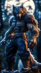 Fototapeta premium A Muscular Wolfman Stands Guard in a Dark Forest with a Full Moon Shining Above