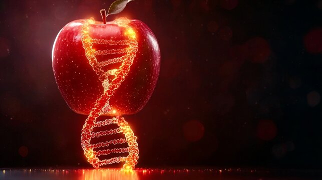 Luminous DNA strands, inside apple, depicting fruit genetic modification