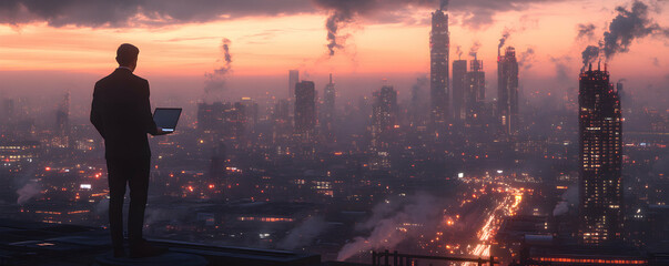 Silhouetted Businessman with Laptop on Rooftop, Gazing at a Smoggy Futuristic Cityscape at Dusk