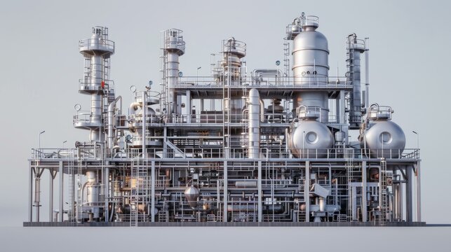 Industrial refinery plant with complex metallic structures and pipes for oil and gas processing against clear sky