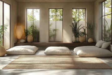Japandi-inspired eco retreat with natural light, minimalist design, and lush indoor plants for serene living spaces