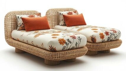 Eco-friendly japandi-style rattan daybeds with floral upholstery in modern sustainable interior design