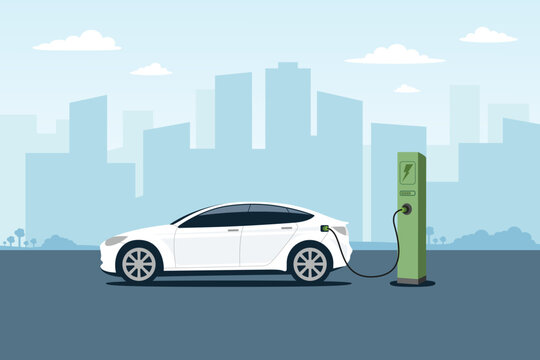 Electric car charging at the charger station with a plug in cable. Isolated flat vector illustration concept. Cityscape background.