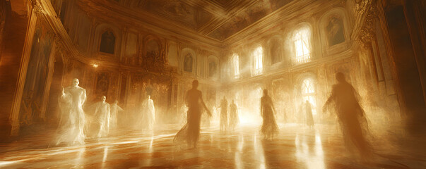 Obraz premium Translucent Figures Wander Through a Golden Hallway, Illuminated by a Bright Light