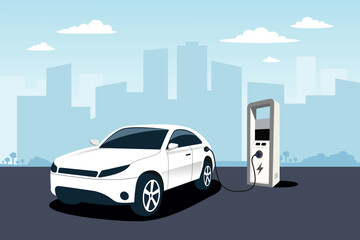 Electric car charging in a station with a phone application. Smart technology, green energy. Eps vector file