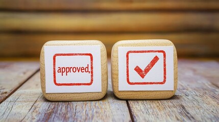 Two wooden blocks with a red stamp on each. One says "approved" and the other has a checkmark.