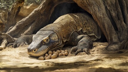 A Komodo dragon, a large lizard native to Indonesia, guards its clutch of eggs in a burrow.