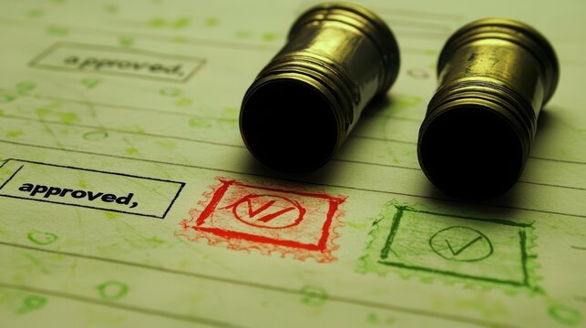Two brass stamps rest on a page with checkmarks, one red and one green, signifying approval.