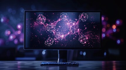 A computer monitor displaying a glowing pink and blue abstract molecular structure.
