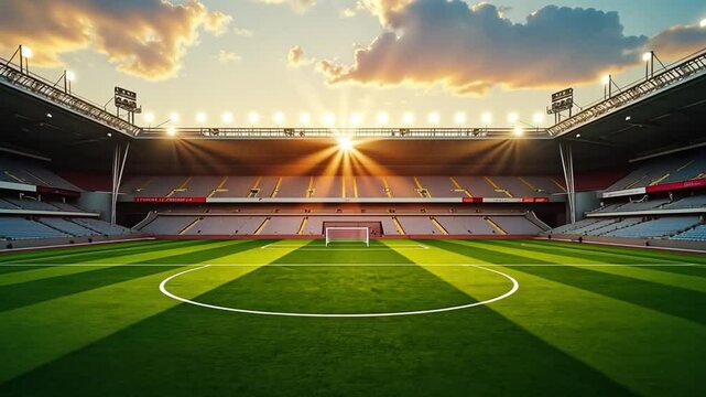 An empty soccer field with green grass and a sunset. Goalpost stand at ends with white lines across the field.