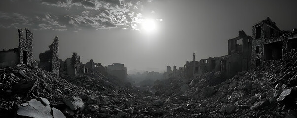 A Monochromatic View of a Destroyed Cityscape with Rubble and Crumbling Buildings Reaching Towards a Bright Sun in the Cloudy Sky