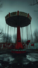 A Rusty and Weathered Carousel Stands Abandoned in a Desolate Landscape, Its Chains Hanging Empty in the Gloomy Atmosphere, A Haunting Reminder of a Time Long Past