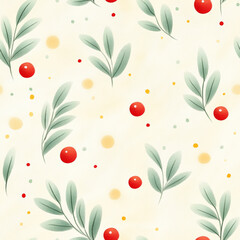  Seamless botanical pattern with green leaves and red berries, ideal for festive and seasonal projects.