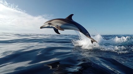 Fototapeta premium Joyful dolphin soaring into blue sky, waves crashing below, sunlight reflecting