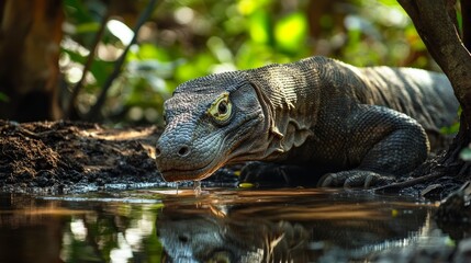 Obraz premium A Komodo dragon, a large lizard native to the Indonesian islands of Komodo, Rinca, Flores, Gili Motang, and Padar, drinks from a puddle in the forest.