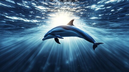 Fototapeta premium Energetic dolphin jumping high from deep blue ocean, sunlight glow, endless horizon